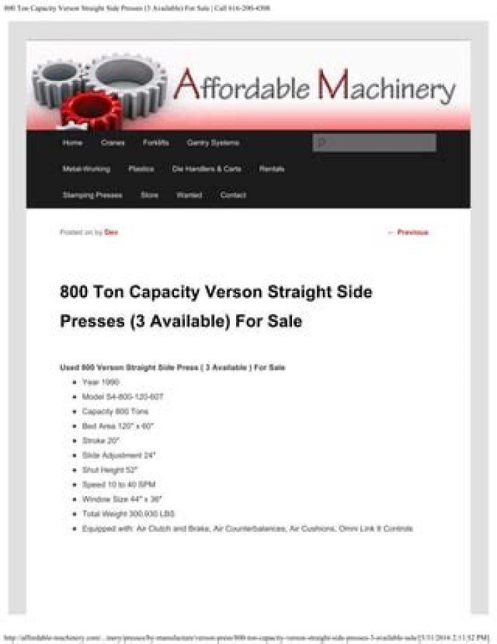 800 Ton Capacity Verson Straight Side Presses (3 Available) For Sale
