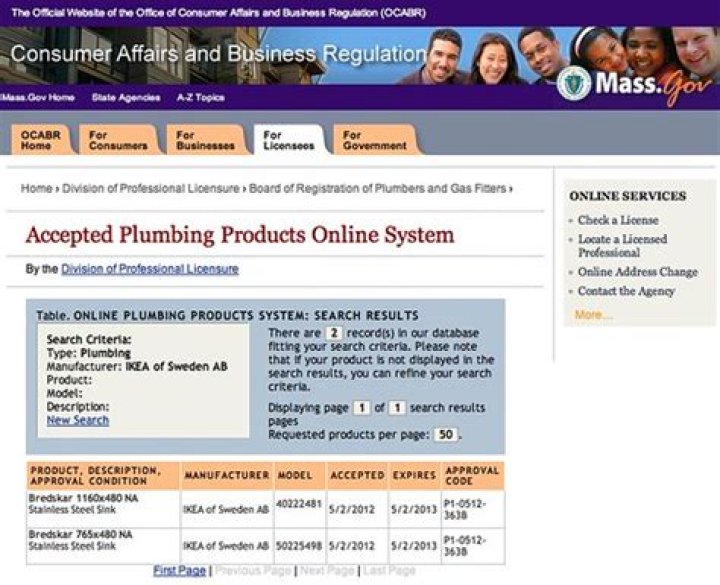 Accepted Plumbing Products Online System by Massachusetts Board of Registration of Plumbers and Gas Fitters