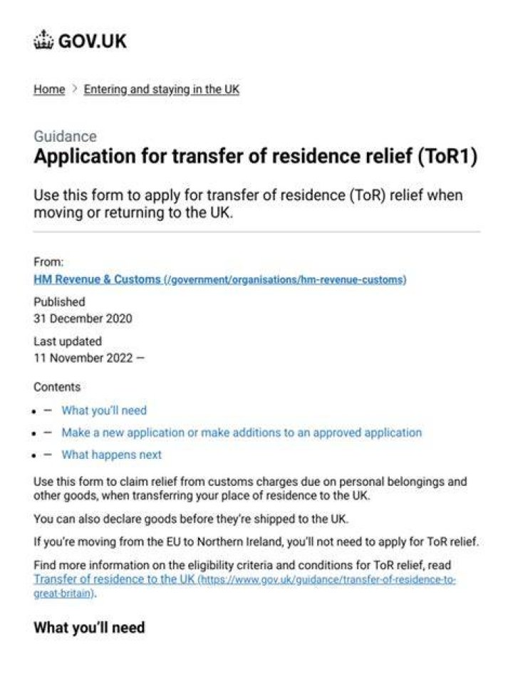 Application for Transfer of Residence relief (ToR1)