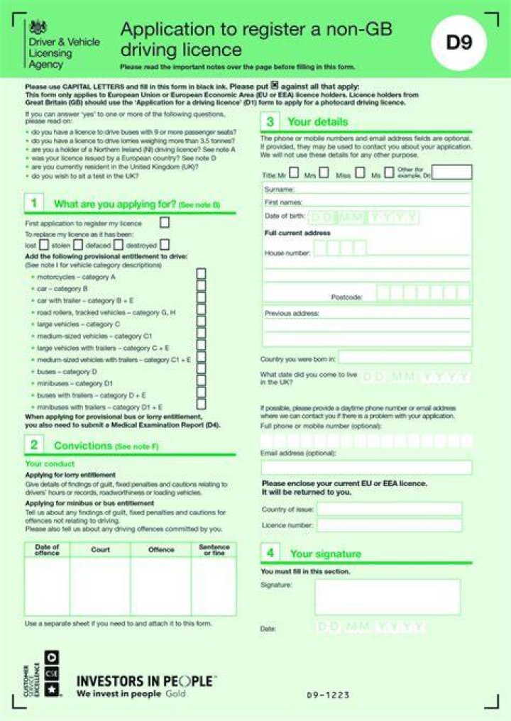 Application to register a non-GB driving licence (form D9)