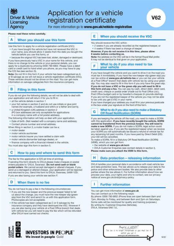 Apply for a vehicle registration certificate (form V62)