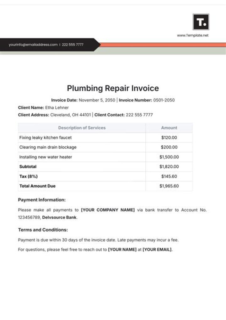 Plumbing Invoice Harker Heights Texas