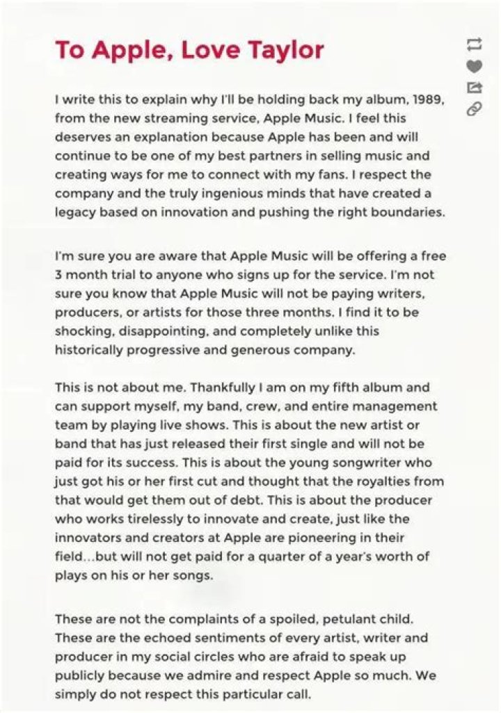 taylor swift apple music letter